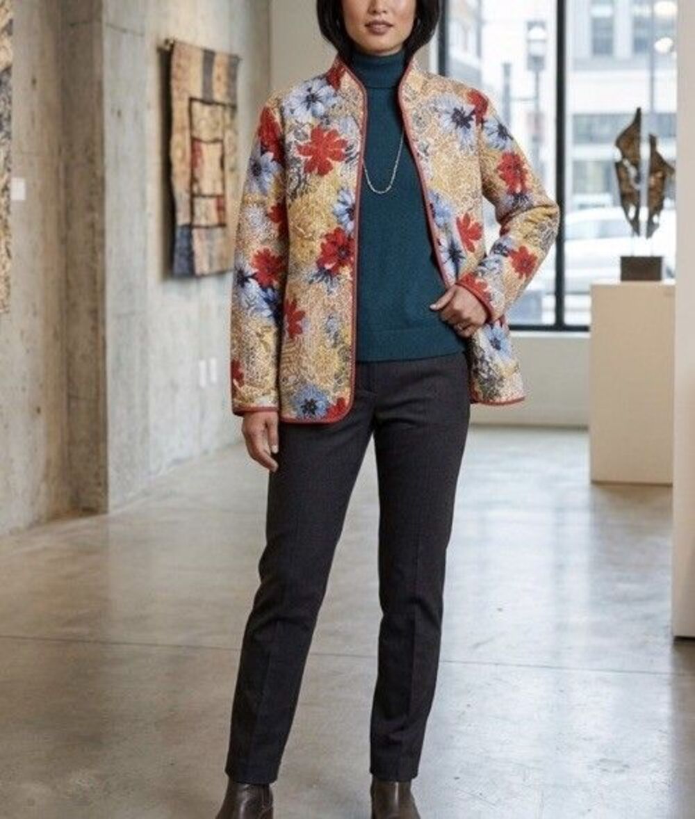 Alfred Dunner Size 14P Floral Quilted Lightweight Jacket Open Front Petite Fresh